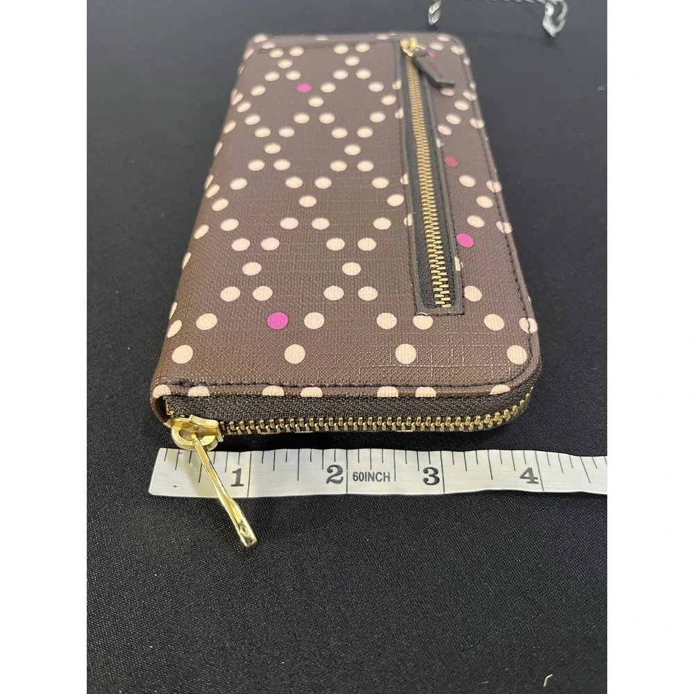 Fossil Sydney Clutch Wallet Brown Pink Polka Dot Coated Canvas Organizer A467